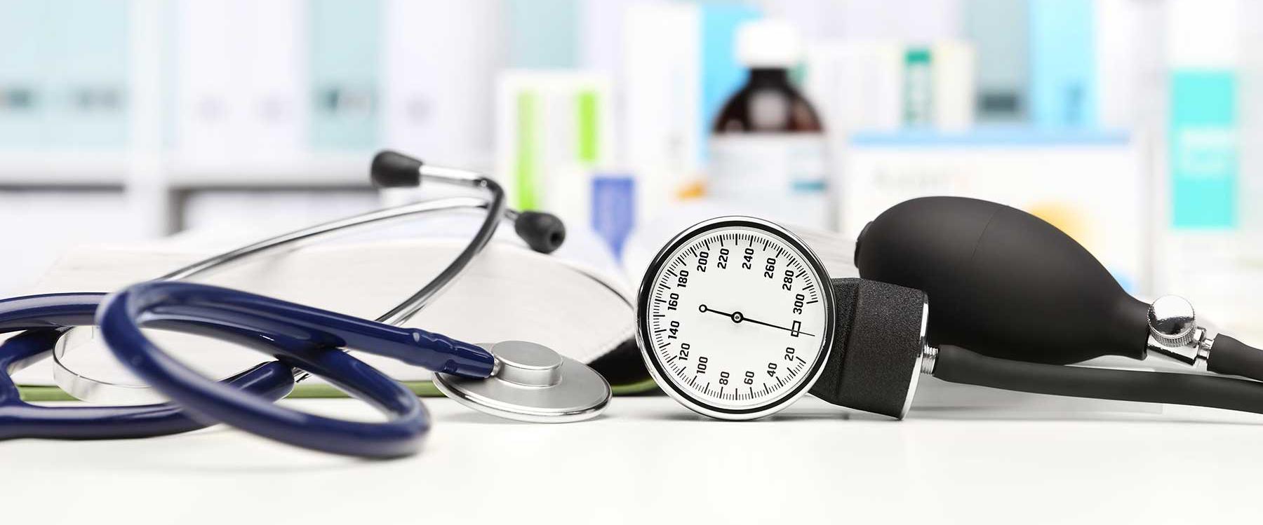 Desk with stethoscope and clinic tenometer