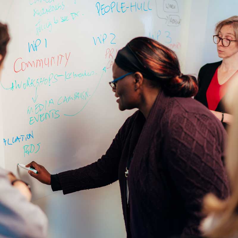 Members of the CATALYST programme writing on a whiteboard