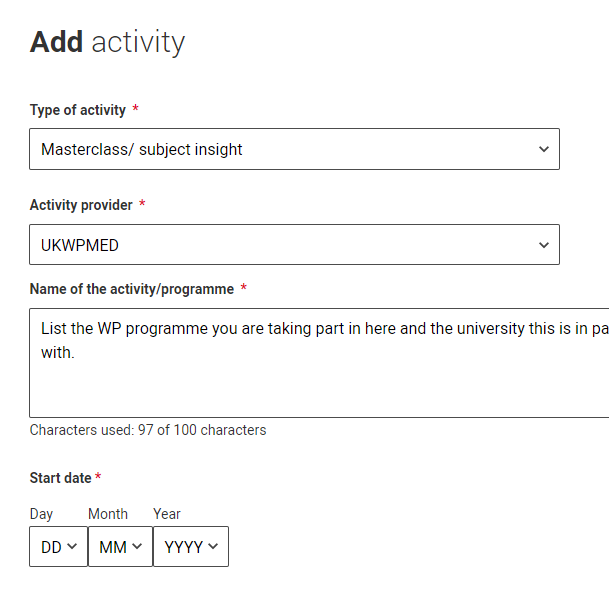 UCAS application form navigation for extra activities