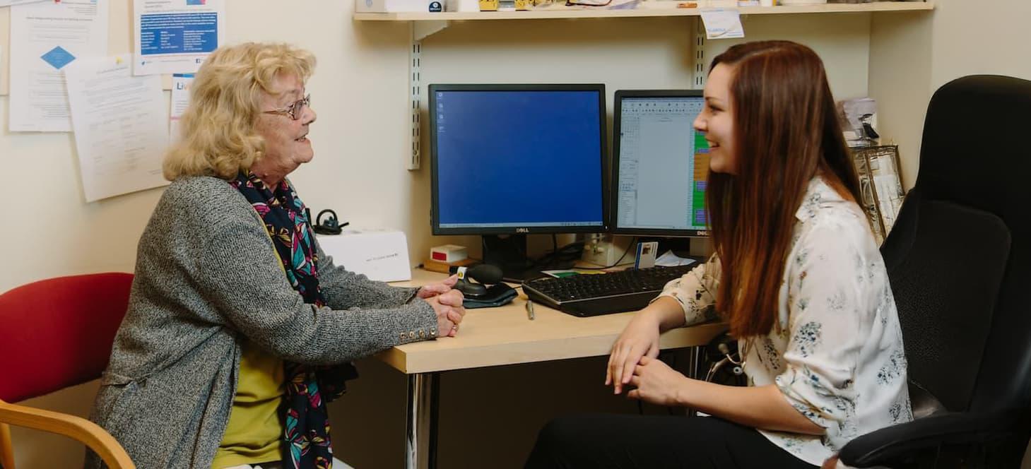 Medicine student Emily Iliadis on an LIC placement at Mowbray House Surgery in Northallerton with a patient and GP tutor Dr Duncan Rogers