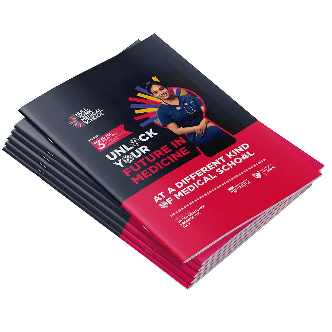 A stack of Hull York Medical School prospectuses