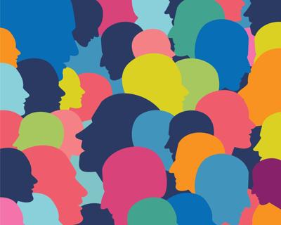 Colourful illustration of people's heads in profile