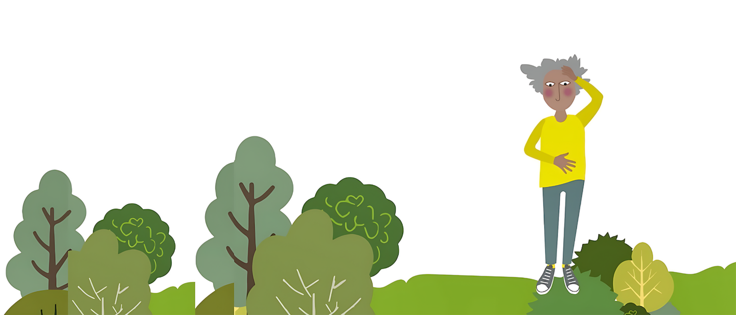 A cartoon person holding their stomach